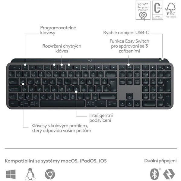 Logitech MX Keys S Advanced Wireless Illuminated Keyboard - CZ/SK - GRAPHITE