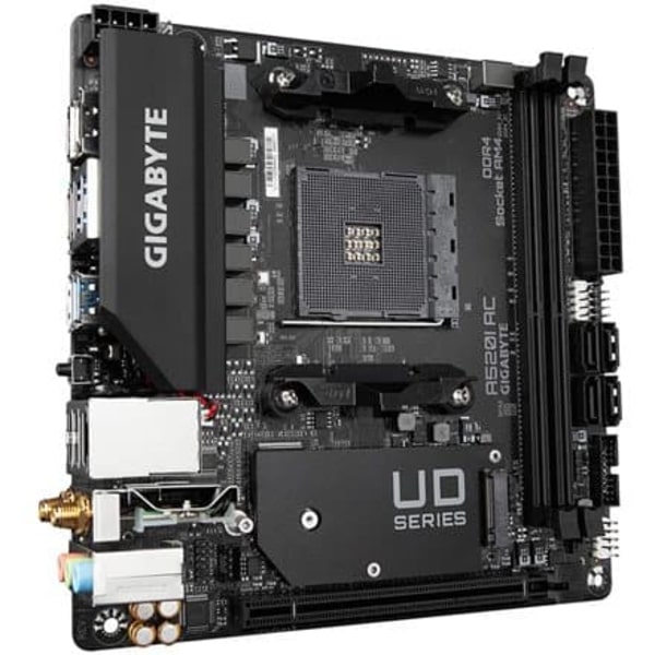 GIGABYTE A520I AC Motherboard - Supports AMD Ryzen 5000 Series AM4 CPUs, 6 Phases Digital VRM, up to 5300MHz DDR4 (OC), 1xPCIe 3.0 M.2, WIFI, GbE LAN,