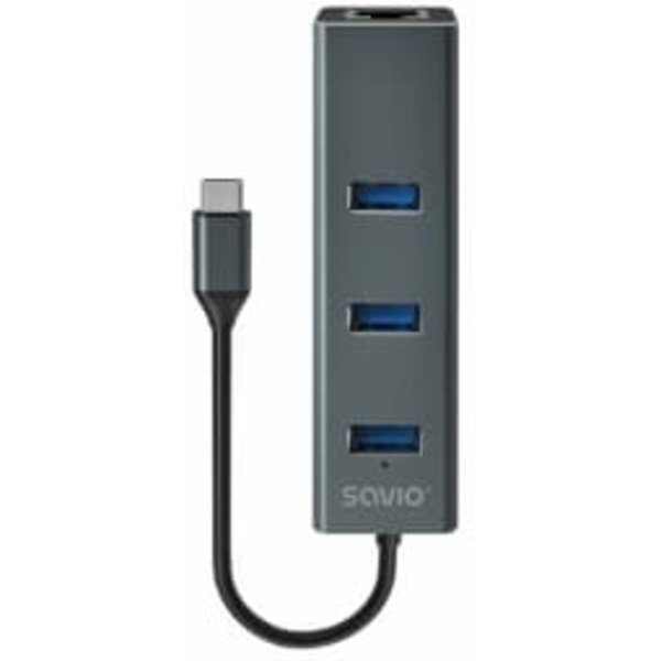 Savio AK-57 USB-C - 3 x USB-A HUB with RJ-45 Gigabit Ethernet adapter, 5000 Mbit/s, grey