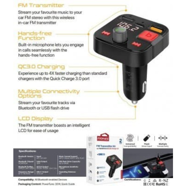 PROMATE PowerTune-30W Bluetooth FM Transmitter QC3.0 / PD30W / USB / Hands-free