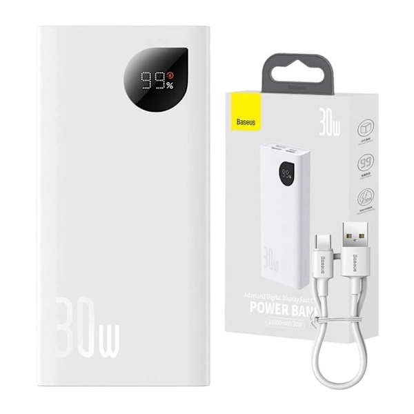 Baseus Power Bank Adaman2 with Digital display, C+U+U, PD 3.0, QC 3.0, 30W, 10000 mAh, with Type-C cable (0.3m), White (PPAD080002)
