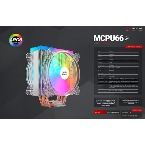 Mars Gaming MCPU66 CPU Cooler ARGB 220W Dual Fan 120mm