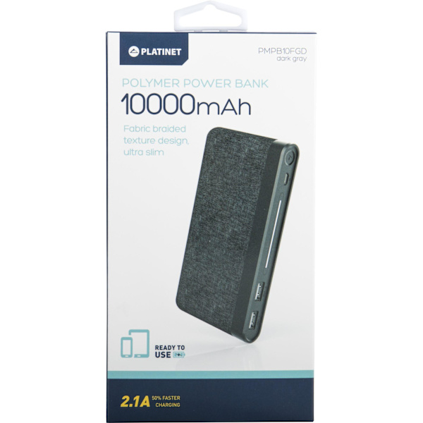 Platinet power bank 10000mAh Fabric Braided LiPo 2.1A, dark grey (44385)