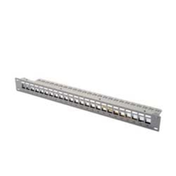 Panel krosowy (patch panel) modularny 19" 24 porty pod moduły keystone, 1U, ekranowany, prowadnica kabli, pola opisowe, szary