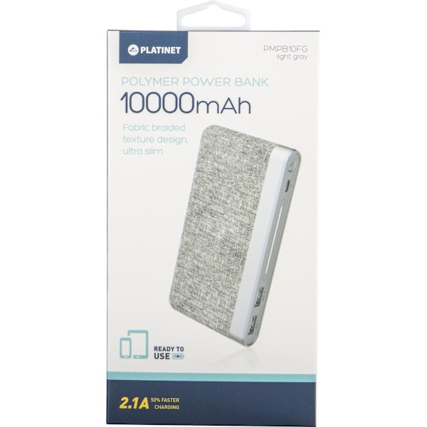 Platinet power bank 10000mAh Fabric Braided LiPo 2.1A, light grey (44243)