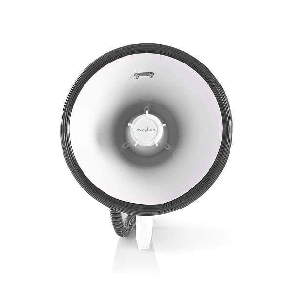 NEDIS megafon/ rozsah 1500m/ hlasitost 135dB/ odnímatelný mikrofon/ vestavěná siréna/ ramenní popruh/ bílo-modrý