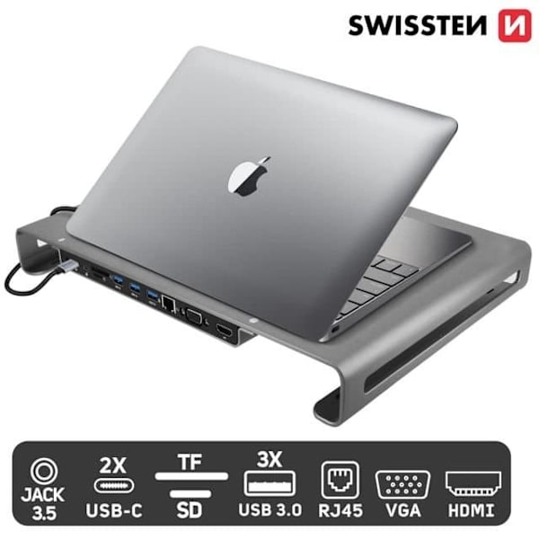 Swissten Multifunctional USB-C Laptop Docking Station / HDMI / USB 3.0 / 2x USB-C / RJ45 / SD / Micro SD / VGA / Audio