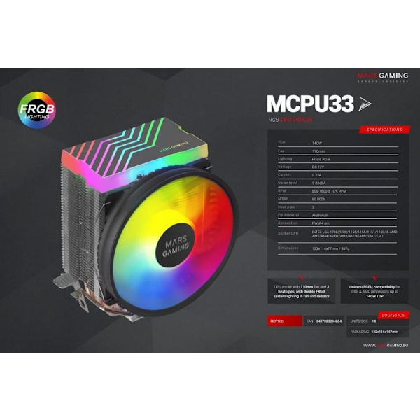 Mars Gaming MCPU33 CPU Cooler FRGB 140W 11cm
