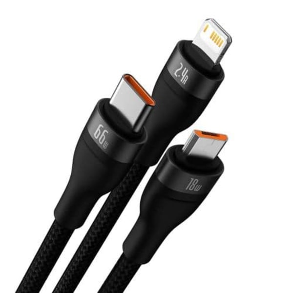 Baseus Universal Flash Series II 3-in-1 Fast Charging Data Cable (Type-C to Micro + Lightning + Type-C) 66W, 1.2m Black (CASS040001)