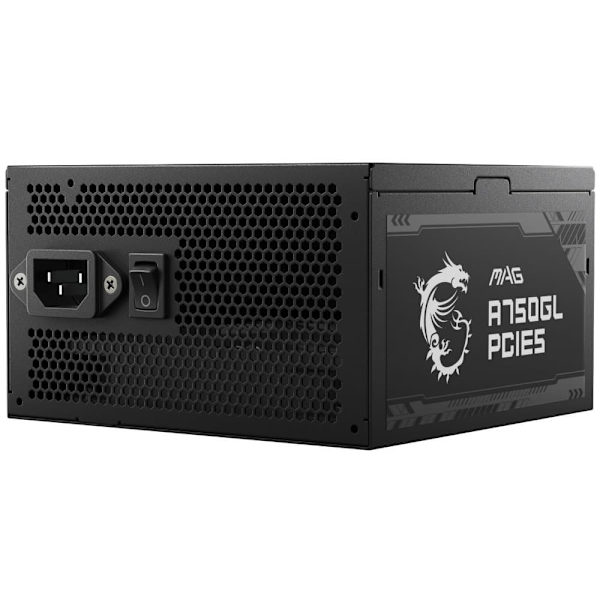 MSI MAG A750GL PCIE5, 750W, 80 Plus Gold, ATX Form Factor, 100~240 Vac Input Voltage, 47Hz ~ 63Hz Input Frequency, 120 mm Fan, 140 x 150 x 86mm, Activ