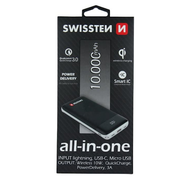 Swissten All In One Power Bank 3A / PD / QC 3.0 / Wireless 10W / USB / USB-C / 10000 mAh Sort