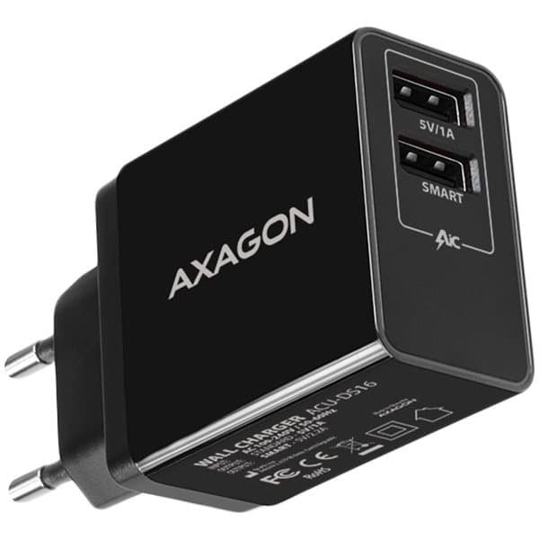 ACU-DS16 Ładowarka sieciowa, SMART 16W, 2x port USB-A, 5V/2.2A + 5V/1A Sort