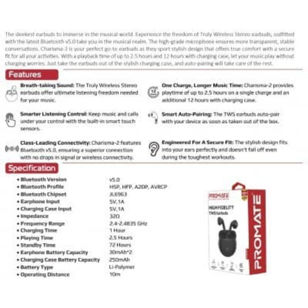 PROMATE Charisma 2 TWS Bluetooth Stereo Headset