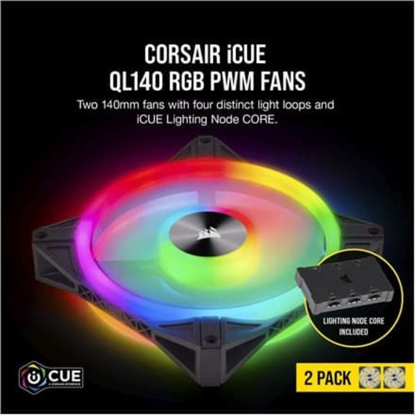 CORSAIR iCUE QL140 RGB 140mm PWM Dual Fan Kit with Lighting Node CORE Sort, Grå