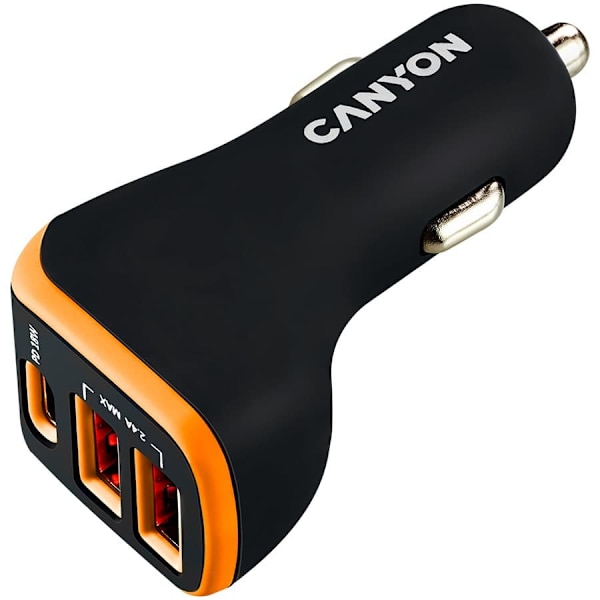 CANYON C-08, Universal 3xUSB car adapter, Input 12V-24V, Output DC USB-A 5V/2.4A(Max) + Type-C PD 18W, with Smart IC, Black+Orange with rubber coating Sort, Orange