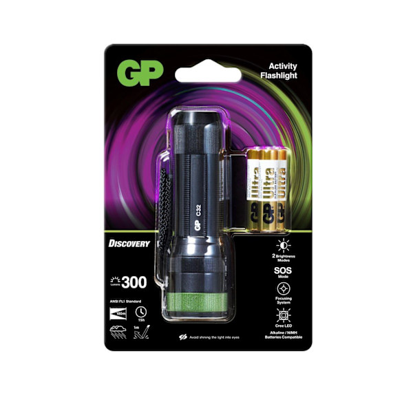 GP Discovery Flashlight, C32, 300 lumens Sort, Grøn