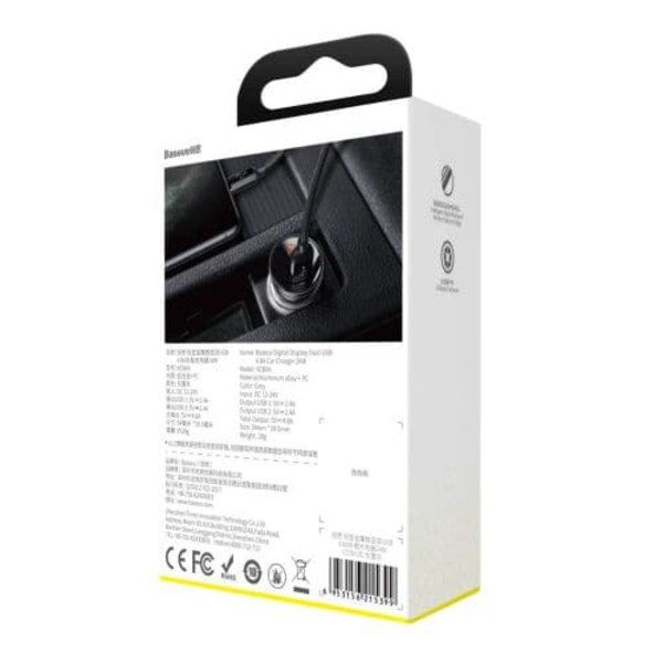 Baseus car charger with display, 2x USB, 4.8A, 24W (silver)