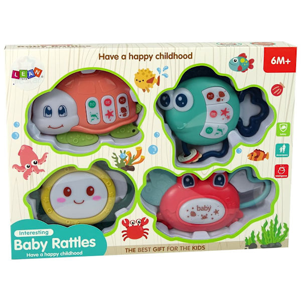 Baby Rattles Set of 4 Pieces Tortoise Fish Sea Animals Teether