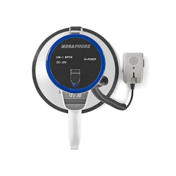 NEDIS megafon/ rozsah 1500m/ hlasitost 135dB/ odnímatelný mikrofon/ vestavěná siréna/ ramenní popruh/ bílo-modrý
