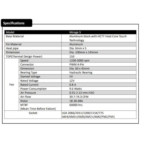Aerocool Mirage 5 Processor Internal 6 cm Black 1 pc(s)