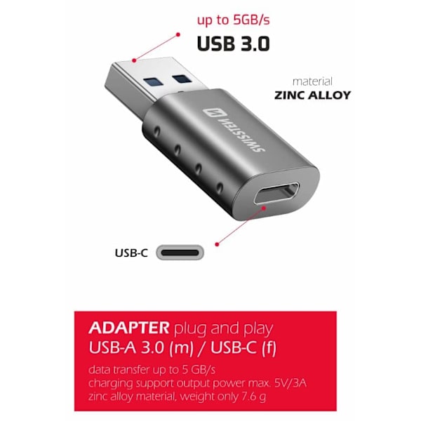 Swissten adapter usb-a(m)/usb-c(f)