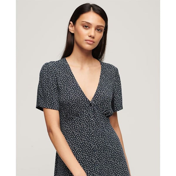 Superdry Print Button Tea Kortærmet Midi-kjole Blå XS Kvinde