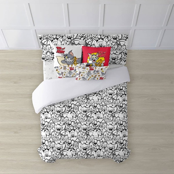 Play Fabrics Dynetæppe Med Knapper Tom & Jerry Sort Og Hvid Til Seng 135/ 140x240 Cm