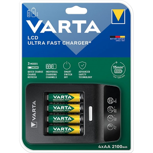 Varta Lcd Ultrahurtig Oplader Med 4 2100mah Aa12v 2100mah Aa12v Sort Sort