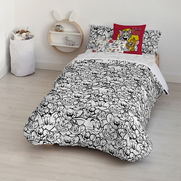 Play Fabrics Dynetæppe Med Knapper Tom & Jerry Sort Og Hvid Til Seng 135/ 140x240 Cm