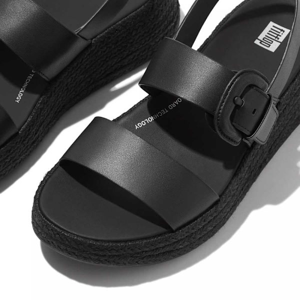 Fitflop F-mode Espadrille Buckle Leather Flatform Tofflor Svart EU 38 Kvinna