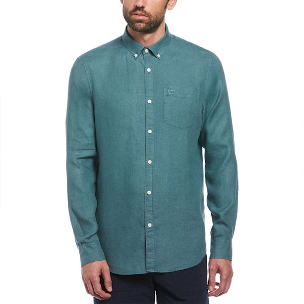 Original Penguin Delave Linen With Pocket Skjorte Med Lange ærmer Grøn L Mand