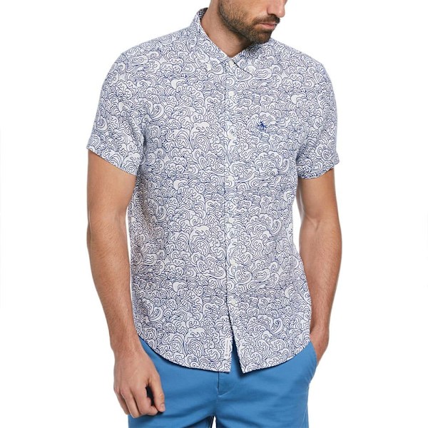 Original Penguin Linen Aop Outline Waves Kortærmet Skjorte Hvid L Mand