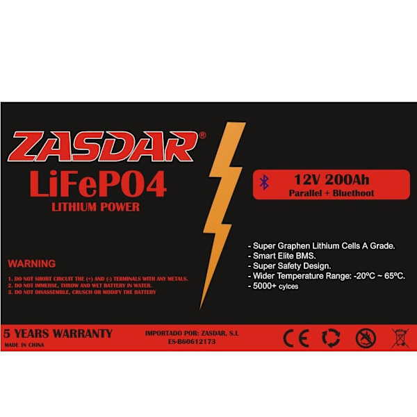 Zasdar Lithium Batteri Oplader Lifepo4 12v 200ah Bluetooth Sort