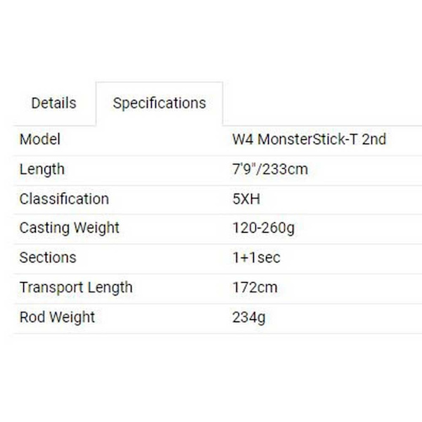 Westin Nedre Fraktstång W4 Monsterstick-t 2nd Svart 2.33 m / 120-260 g