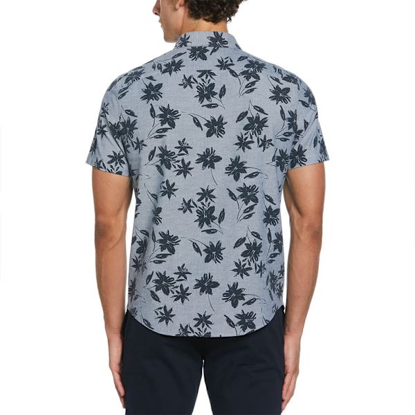 Original Penguin Chambray Stretch Aop Floral Kortærmet Skjorte Blå M Mand