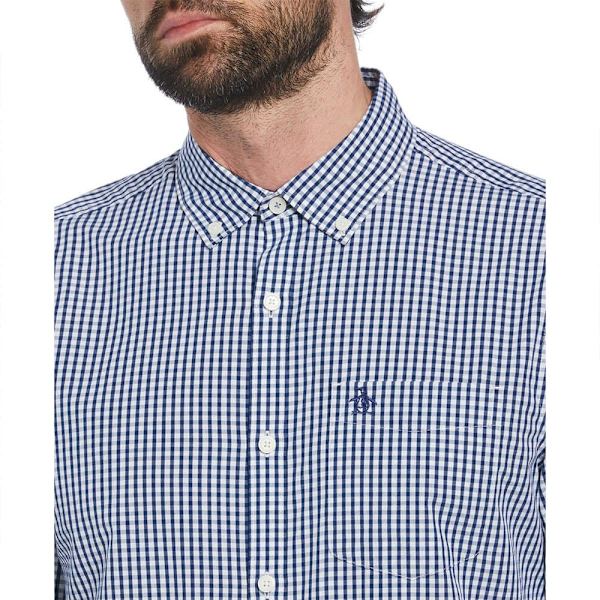 Original Penguin Gingham Stretch Skjorte Med Lange ærmer Blå XL Mand