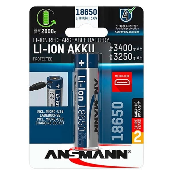 Ansmann Li-ion 18650 3400mah 3.6v Micro-usb 1307-0003 Batterier Blå,Søvfarvet