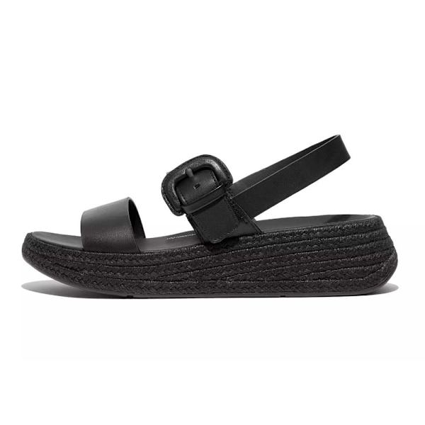 Fitflop F-mode Espadrille Buckle Leather Flatform Klipklapper Sort EU 38 Kvinde