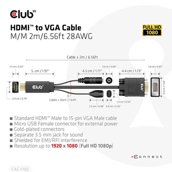 Club 3d Hdmi Vga-kabel 2 M