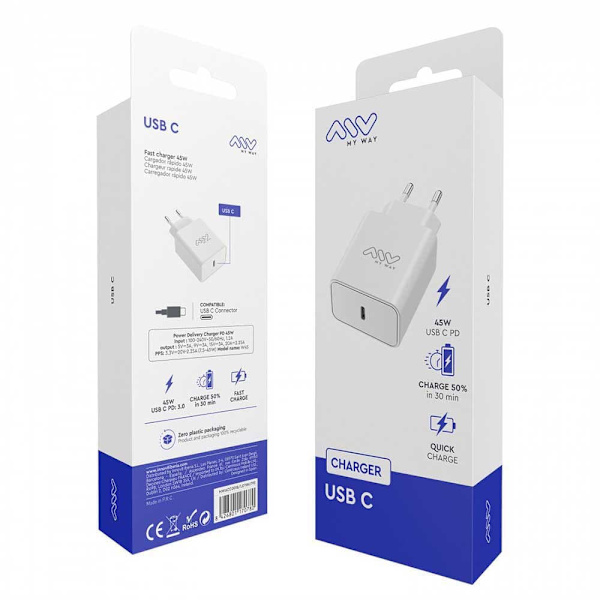 Myway Usb-c Vægoplader Pd 45w Transparent