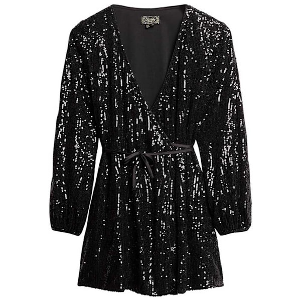 Superdry Sequin Wrap Langærmet Kort Kjole Sort L Kvinde