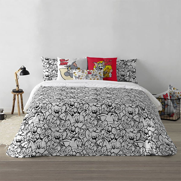 Play Fabrics Dynetæppe Med Knapper Tom & Jerry Sort Og Hvid Til Seng 135/ 140x240 Cm