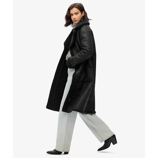 Superdry Faux Shearing Longline Jakke Sort XS Kvinde