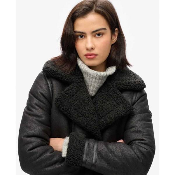 Superdry Faux Shearing Longline Jakke Sort XS Kvinde