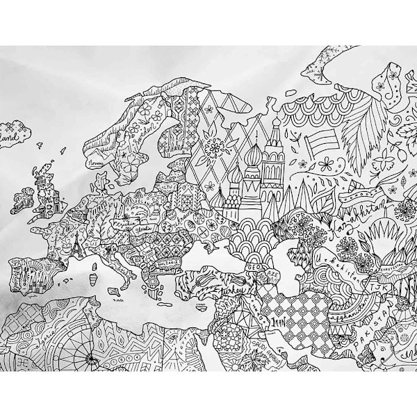 Awesome Maps Värityskarttapyyhe World Map To Color In With Country Specific Doodles Valkoinen