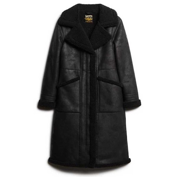 Superdry Faux Shearing Longline Jakke Sort XS Kvinde