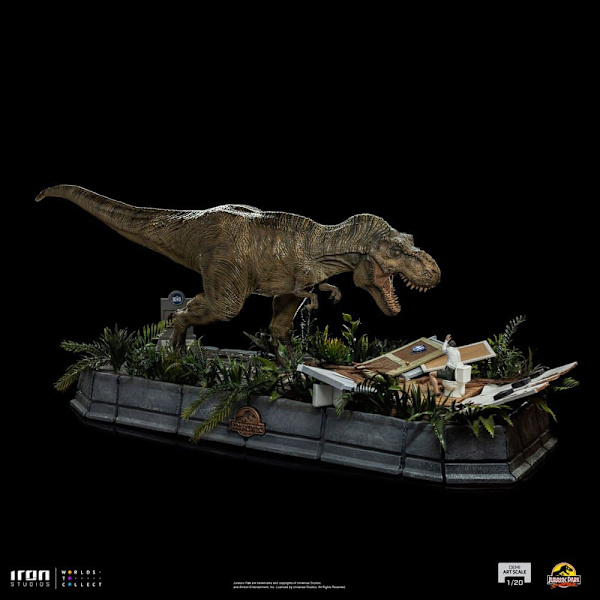 Iron Studios 1/20 Demi Art Scale T-rex Attackerar Donald Gennaro Jurassic Park-statyn 30 Cm