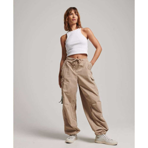 Superdry Tavalliset Vyötäröhousut Vintage Baggy Parachute Beige S-M Nainen