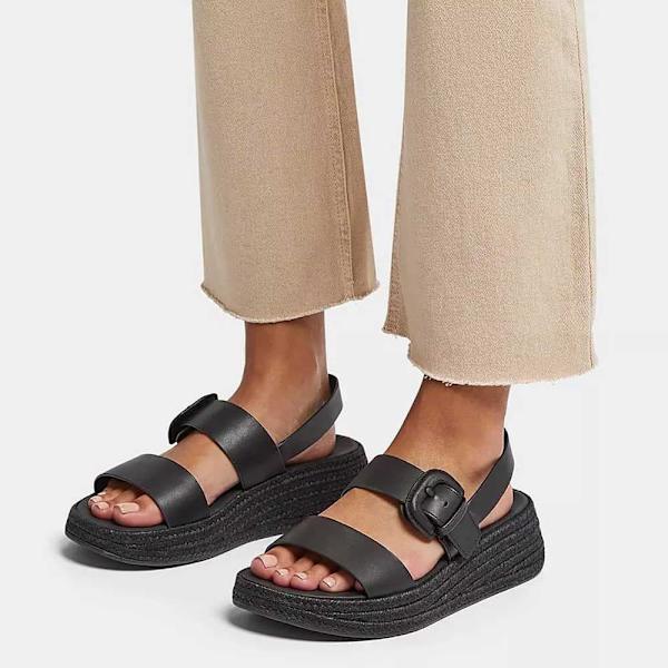 Fitflop F-mode Espadrille Buckle Leather Flatform Tofflor Svart EU 38 Kvinna