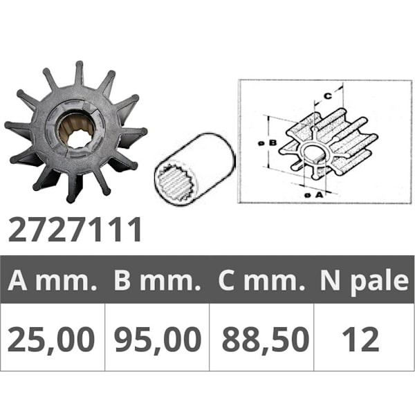 Finnord Jabsco 17936/21676 Johnson 09-814b 12 Blade Løbehjul Søvfarvet 25 x 95 x 88.5 mm